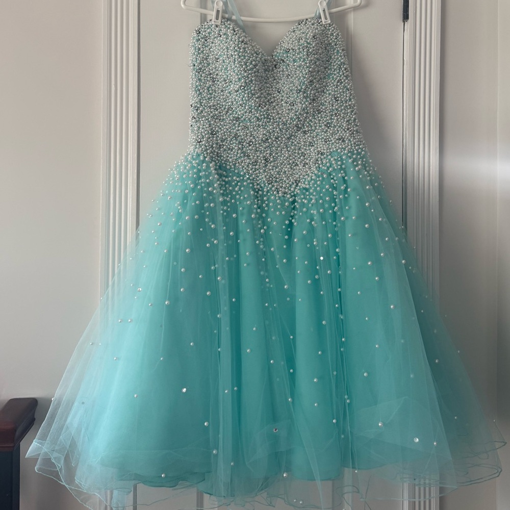 Mori Lee Blue Embellished Tiered Gown for Prom